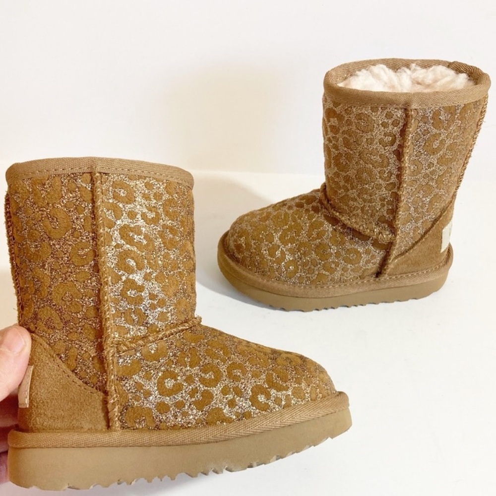 UGG Toddler Leopard Boots Sherpa Lined Suede Metallic Glitter Animal Print Sz 6